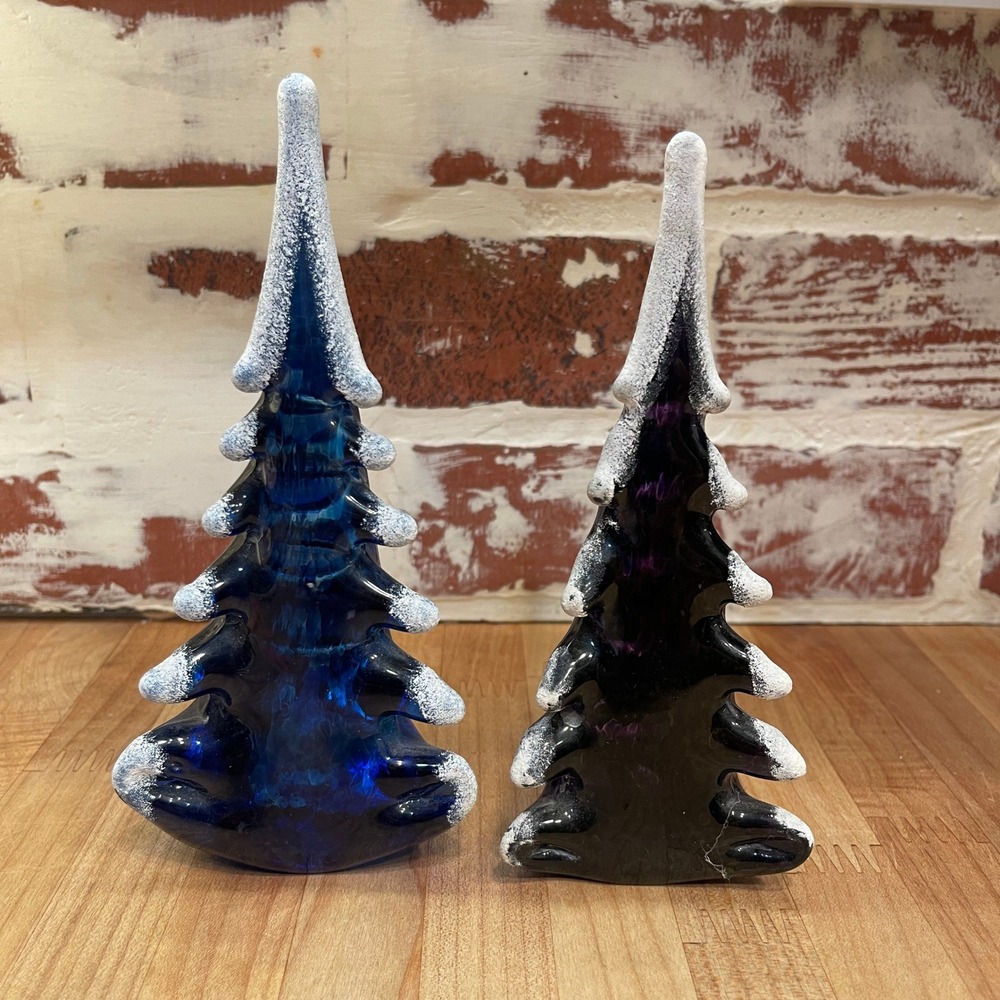 Crystal Larson Art Glass Christmas Trees Signed Blue Purple Frosted Snow USA